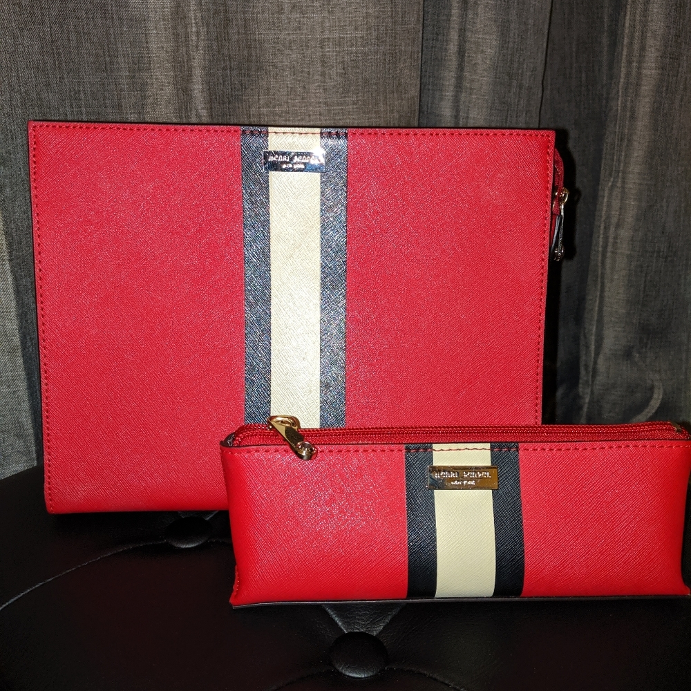 Henri Bendel red striped cosmetic case and clutch